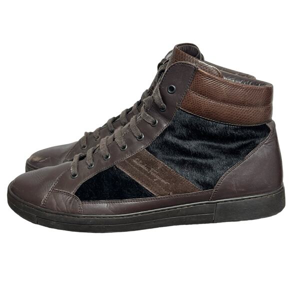Salvatore Ferragamo Brown Leather Calf Horse Hair High Top Men Sneakers Sz 11 D